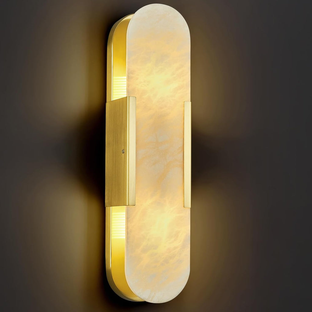 Brass Alabaster Wall Sconce, Modern Natural Marble Wall Sconces for Indoor Lighting, 19.7 in Gold Wall Lights for Bathroom Dining Room Stairs Bedroom (1-Pack)