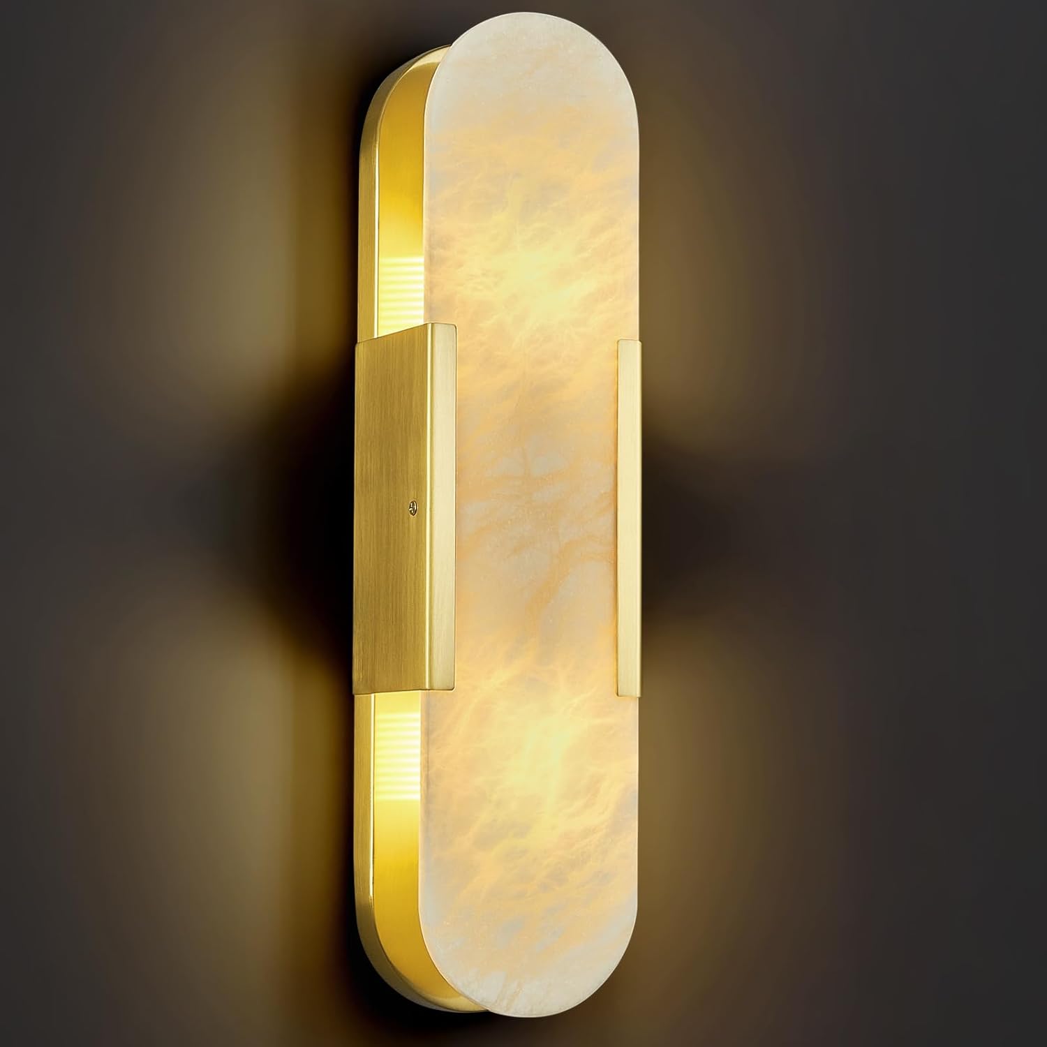 Brass Alabaster Wall Sconce, Modern Natural Marble Wall Sconces for Indoor Lighting, 19.7 in Gold Wall Lights for Bathroom Dining Room Stairs Bedroom (1-Pack)