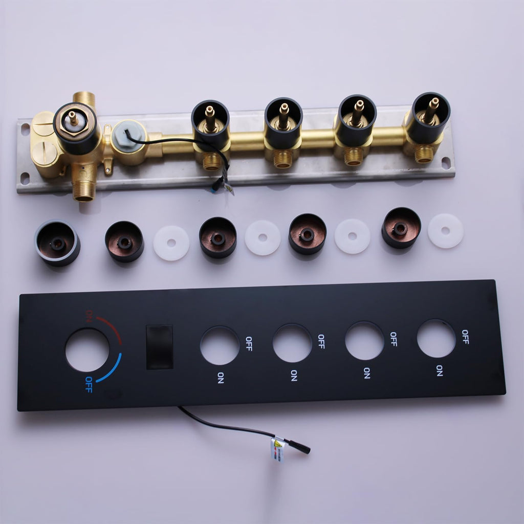 Matte Black Brass 4 Way Shower Diverter Valve Temperature Digital Display 4 in 1 Control Shower Mixing Valve Trim Kit Replacement, Flow Control