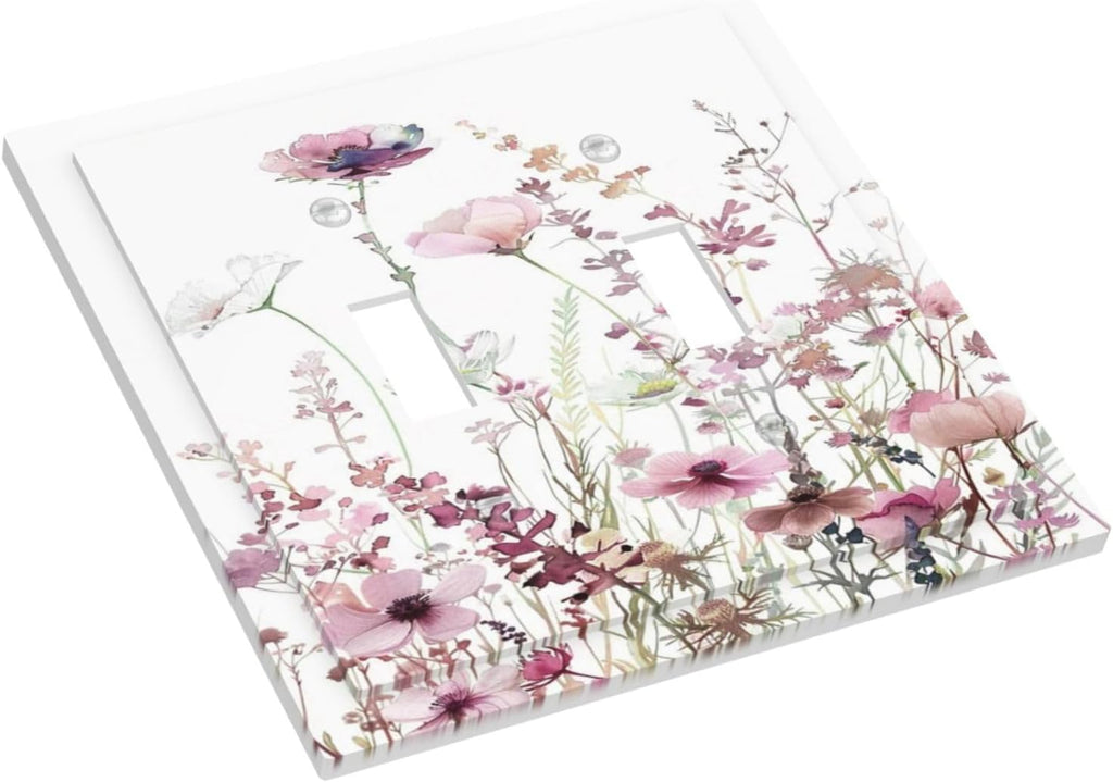 Floral Pink Watercolor Wildflowers Plant Flower Decorative Switch Plates 2 Gang Double Toggle Outlet Light Switch Cover Wall Plate Electrical Faceplate for Bedroom Living Room Decor