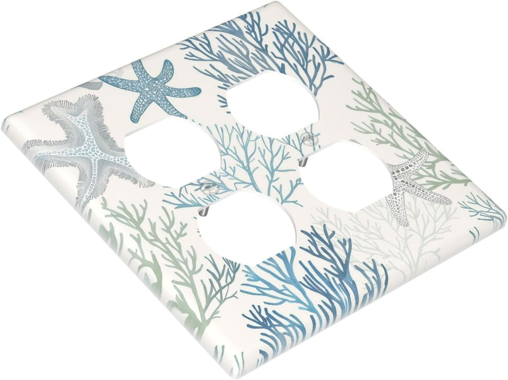 Outlet Covers Ocean Beach Theme Starfish Seashell Coral 2 Gang Double Duplex Decorative Light Switch Covers Electrical Wallplates Socket Faceplate For Bathroom Kids Room Decor