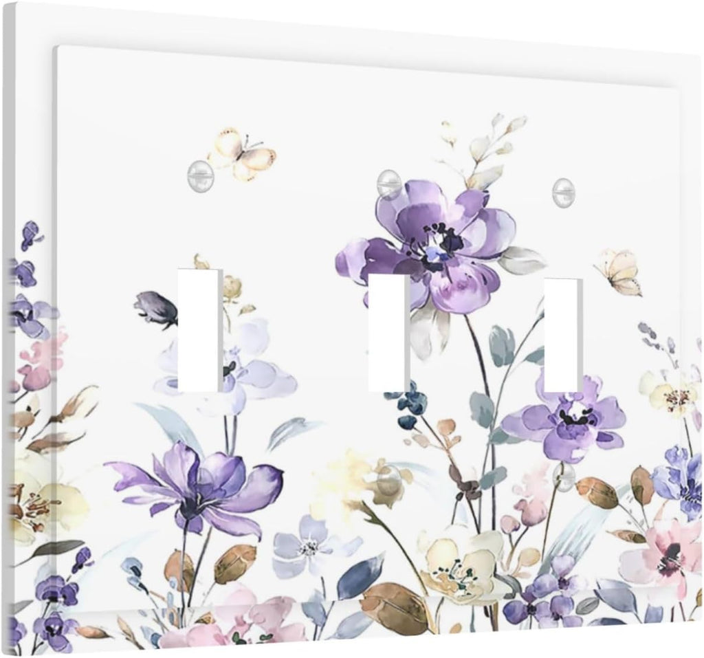 Decorative Switch Plates Purple Floral Lilac Watercolor Flower Leaves Butterfly Wildflower 3 Gang Wall Plate Faceplate Triple Toggle Light Switch Cover Electrical Wall Panels for Bedroom Home Decor