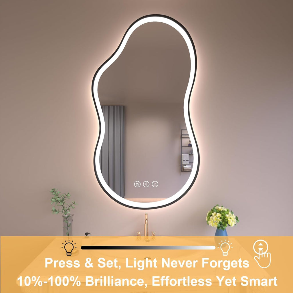 WTTY LED Irregular Bathroom Mirror 26x46 Inch with Front & Back Lights - Asymmetrical Design, Anti-Fog, Dimmable 3 Color Temperatures, Shatterproof Glass, Horizontal or Vertical Mount (Black Frame)