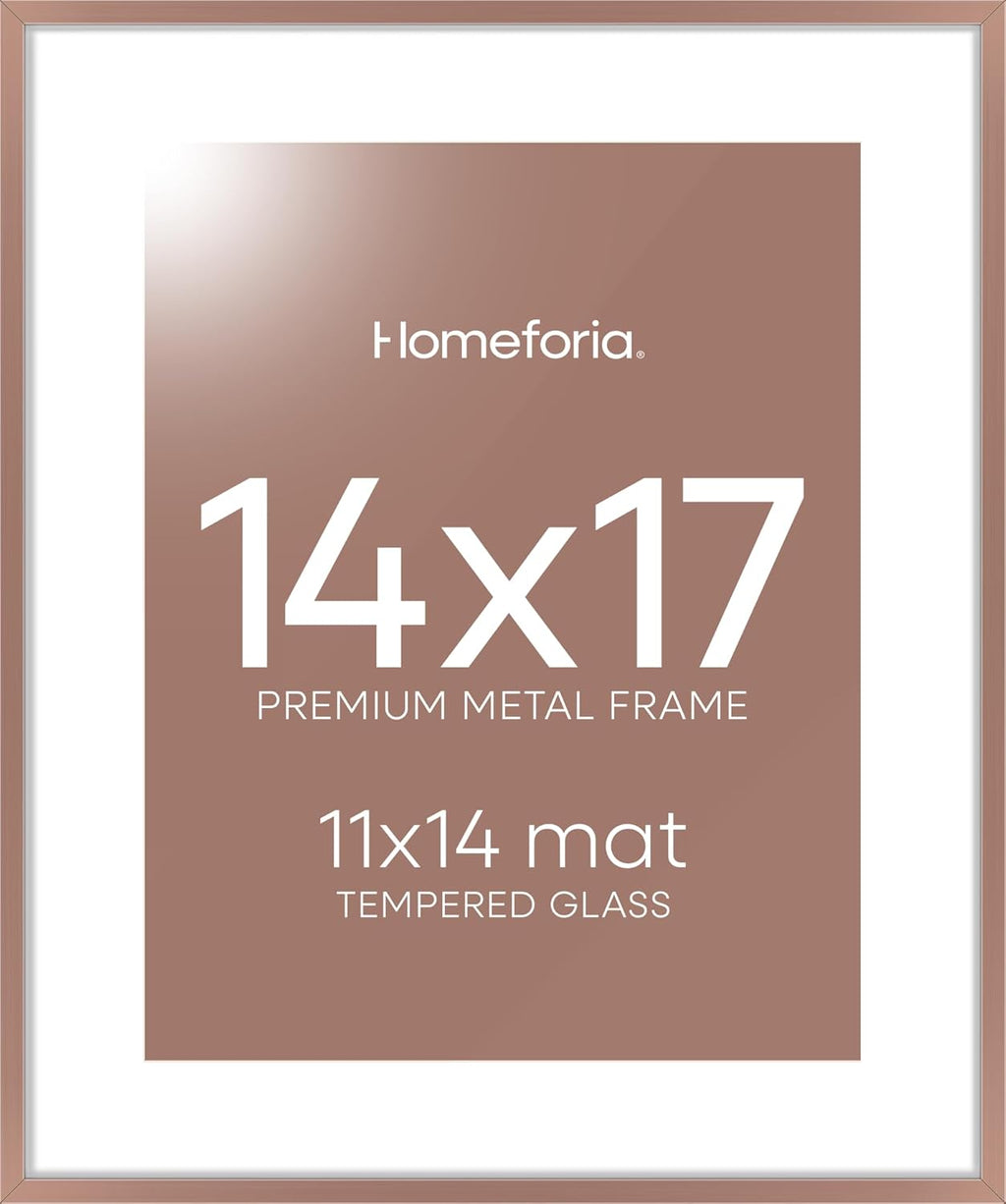 Homeforia 14x17 Picture Frame Mocha, High End Metal 14 x 17 Poster Frames with Mat 11 x 14 for Photo, 14x17 Mocha Frame Matted to 11x14 inch Print, 17x14 Thin Frame, Tempered Glass, Wall Kit, Set of 1