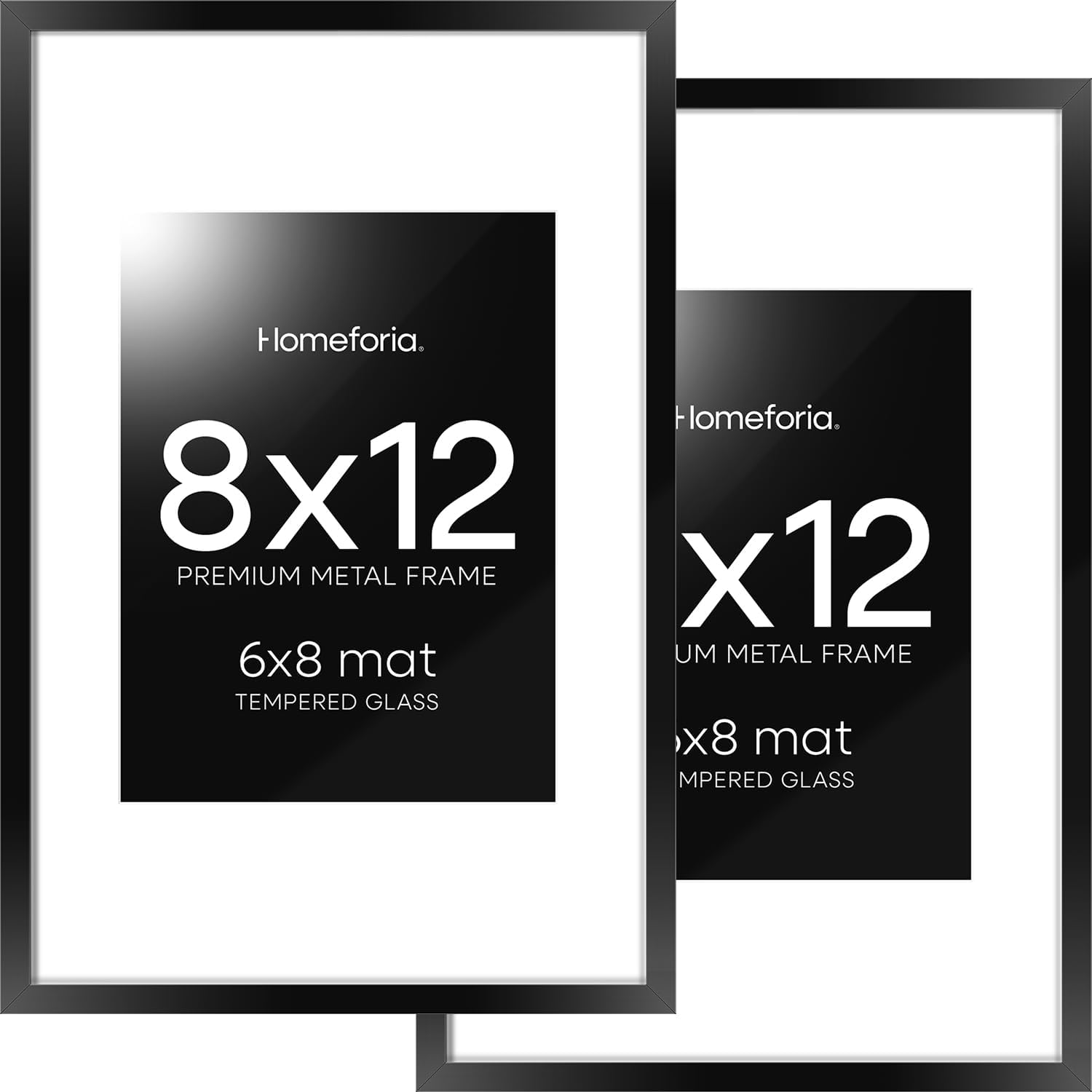 Homeforia 8x12 Picture Frame Black, High End Metal 8 x 12 Poster Frames with Mat 6 by 8 for Photo, 12x8 Frame Matted to 6x8 inch Print, 8by12 Wall or Tabletop Frame, Tempered Glass, Wall Kit, Set of 2