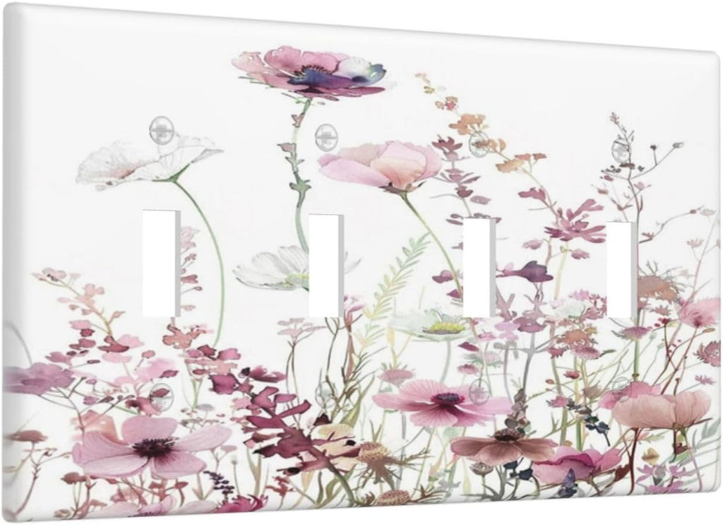 Floral Pink Watercolor Wildflowers Plant Flower Light Switch Covers Quad Toggle Electrical Faceplate 4 Gang Wall Plate Decorative Switch Plates Cover for Bedroom Living Room Decor