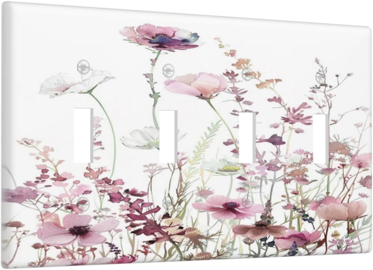 Floral Pink Watercolor Wildflowers Plant Flower Light Switch Covers Quad Toggle Electrical Faceplate 4 Gang Wall Plate Decorative Switch Plates Cover for Bedroom Living Room Decor