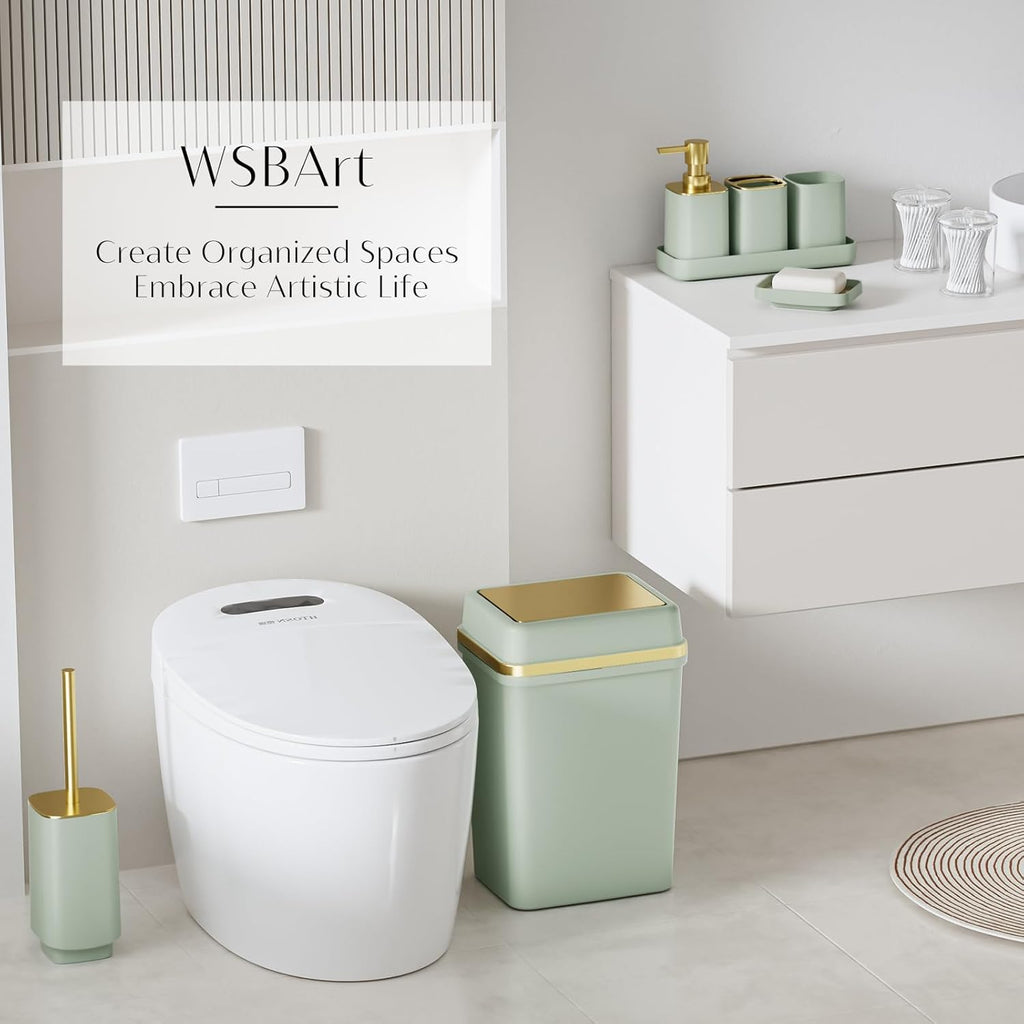 9PCS Bathroom Accessory Set, Green Bathroom Set with Large-Capacity 4 Gallon Trash Can, Bathroom Accessories Set Complete, Toothbrush Holder, Soap Dispenser, Toilet Brush, Bathroom Decor