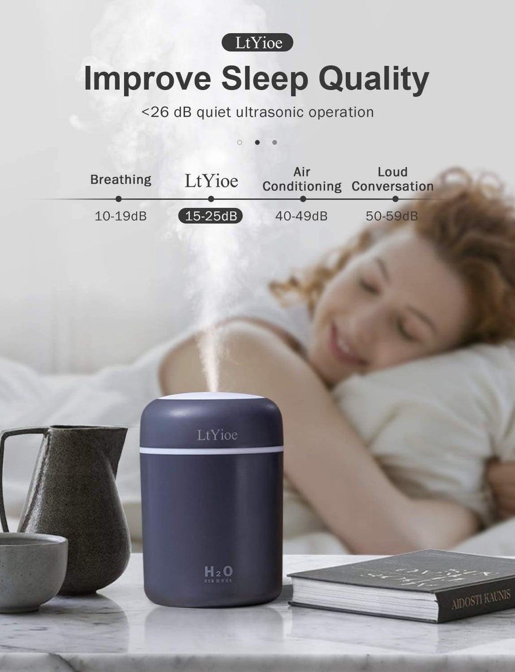Colorful Cool Mini Humidifier, USB Personal Desktop Humidifier for Car, Office Room, Bedroom,etc. Auto Shut-Off, 2 Mist Modes, Super Quiet. (Navy)(Black)