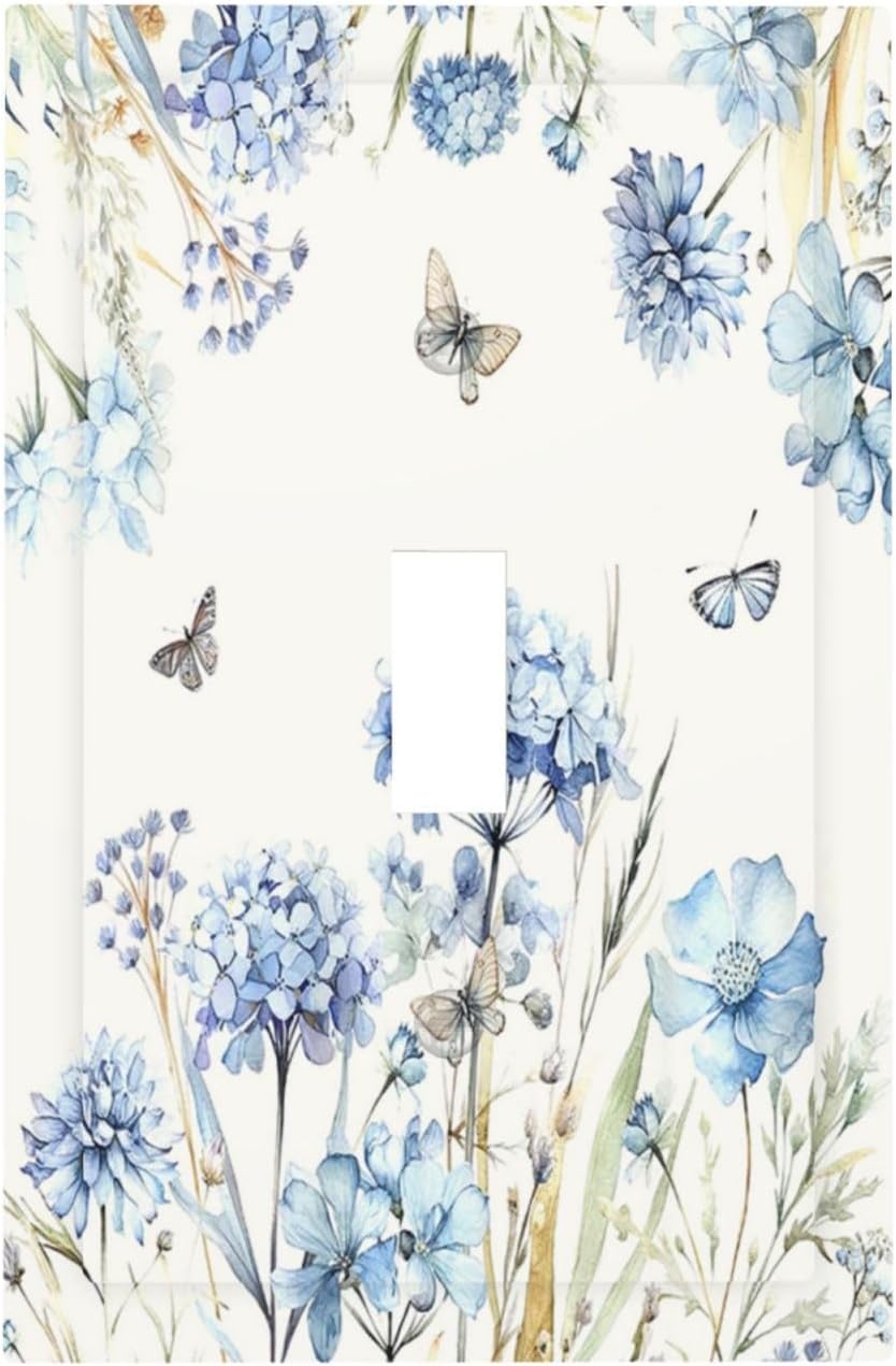 Decorative Light Switch Cover Blue Floral Hydrangea Plants 1 Gang Single Toggle Decorator Outlet Wall Plate Device Electrical Faceplate Switchplates for Bedroom Home Decor