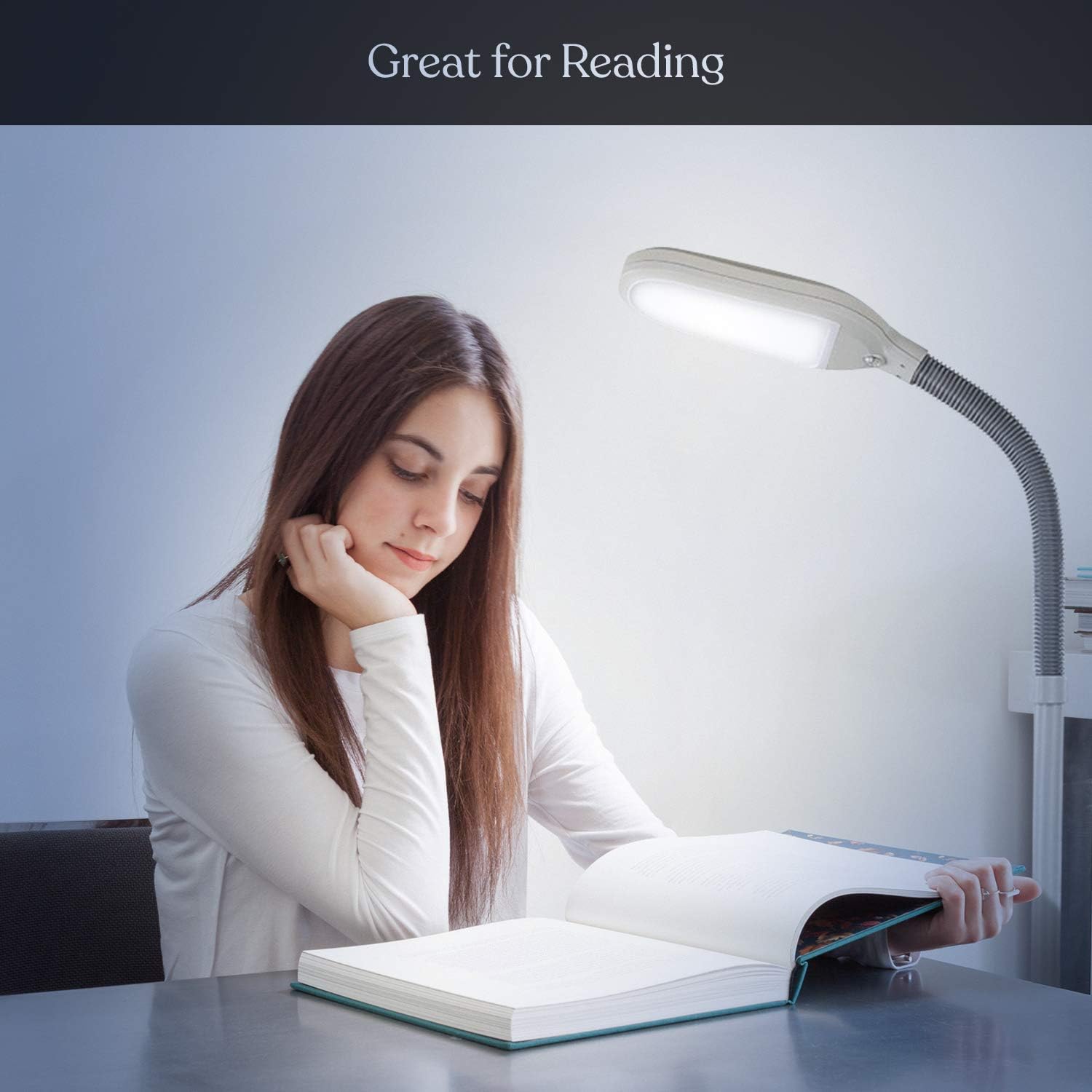 Brightech Litespan - Bright LED Floor Reading Lamp for Over Chair Crafts and Reading, Estheticians' Light for Lash Extensions, Adjustable Standing Lamp for Living Room, Bedroom, Office - White