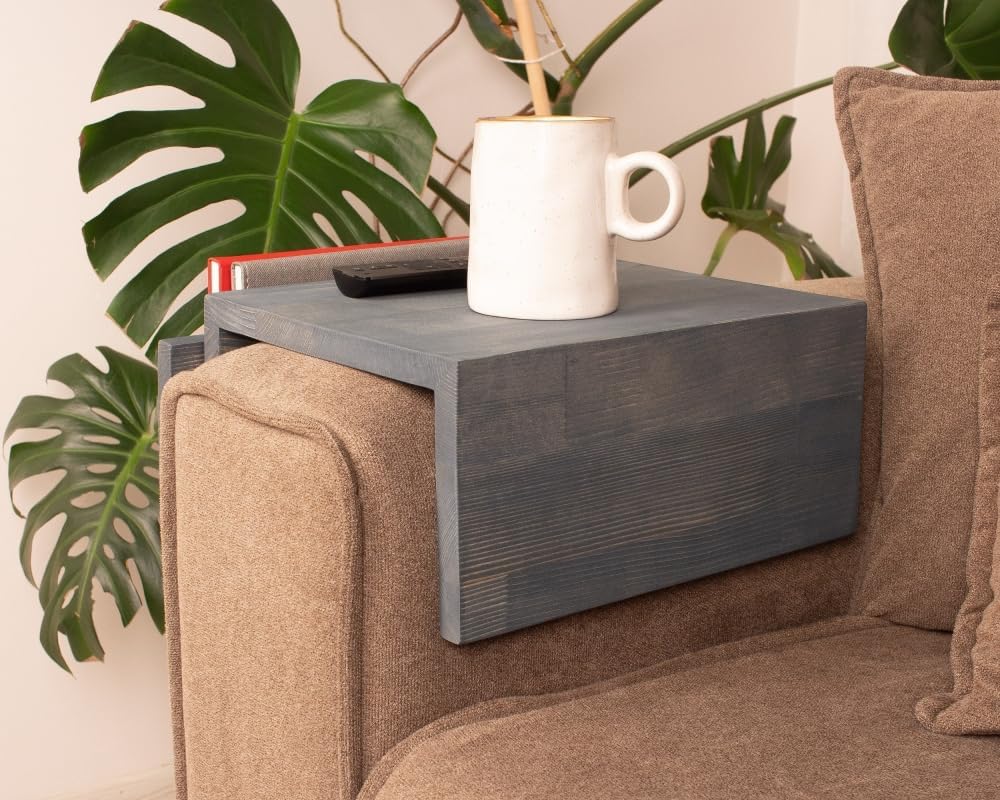 Wooden Couch Arm Tray – Sofa Armrest Table with Book & Magazine Holder, Perfect for Coffee & Remote Control, Solid Wood (Monaco)