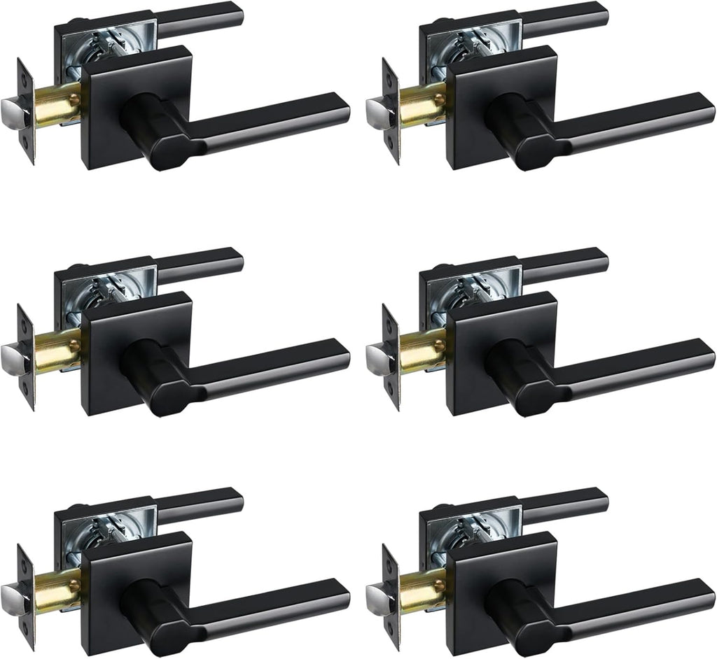 Passage Door Lever (No Lock), Heavy Duty Interior Square Handle for Hallway and Closet, Matte Black, Reversible for Right&Left Handed, 6Packs