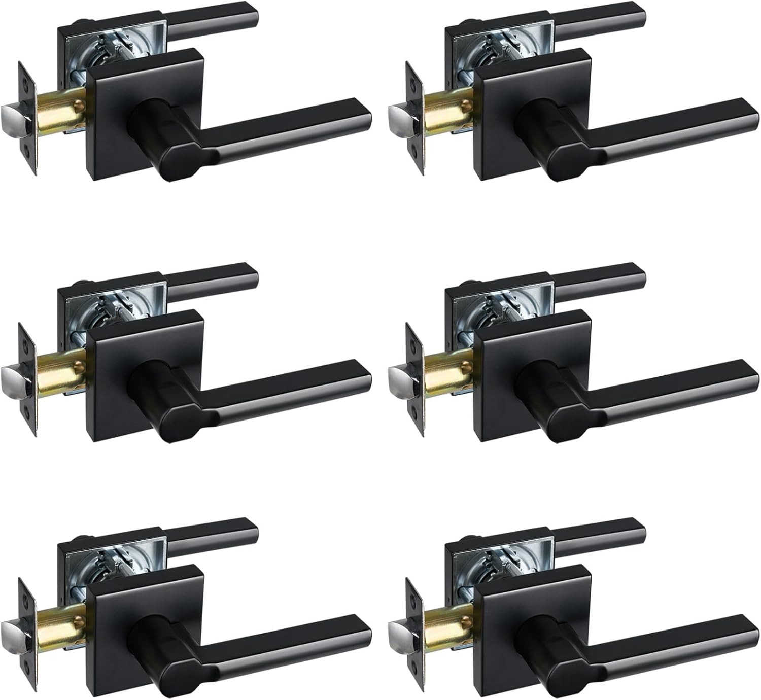 Passage Door Lever (No Lock), Heavy Duty Interior Square Handle for Hallway and Closet, Matte Black, Reversible for Right&Left Handed, 6Packs
