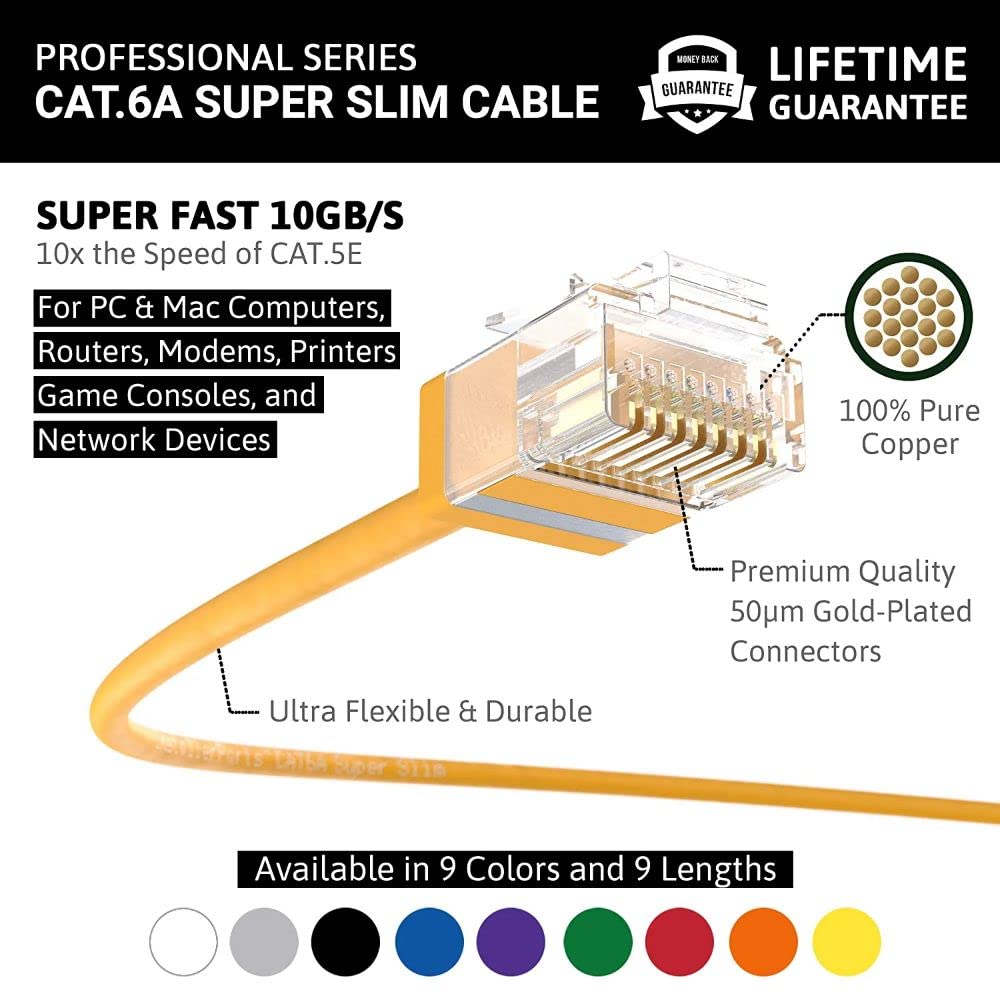 InstallerParts Ethernet Cable CAT6A Super Slim Cable UTP 2 FT (50 Pack) - Yellow - Professional Series - 10Gigabit/Sec Network/High Speed Internet Cable, 550MHZ, 32AWG
