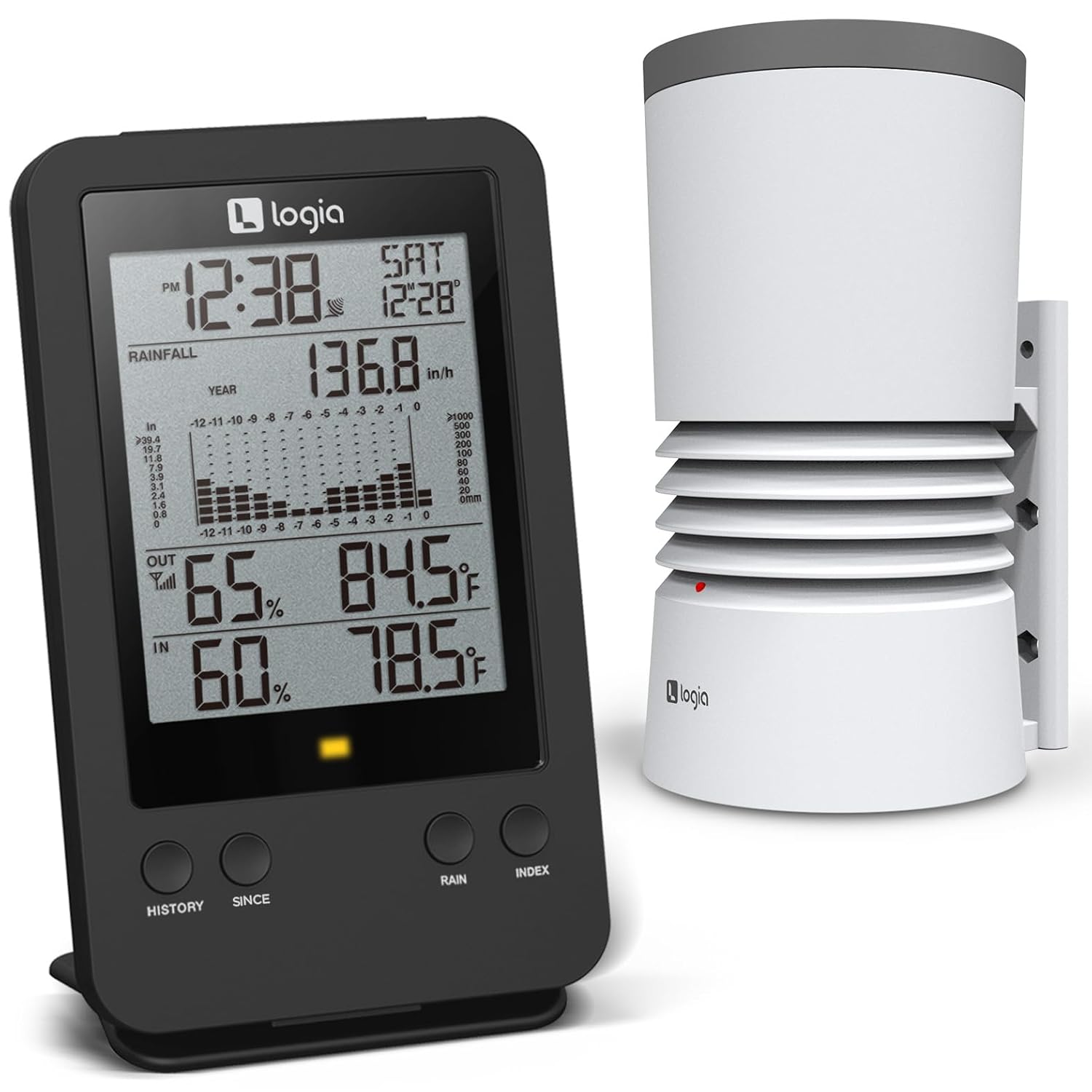 Logia 3-in-1 Rain Gauge Weather Station with Temperature & Humidity, Indoor/Outdoor Weather Monitoring System, Wireless Display Console with History, Alarms and Alerts