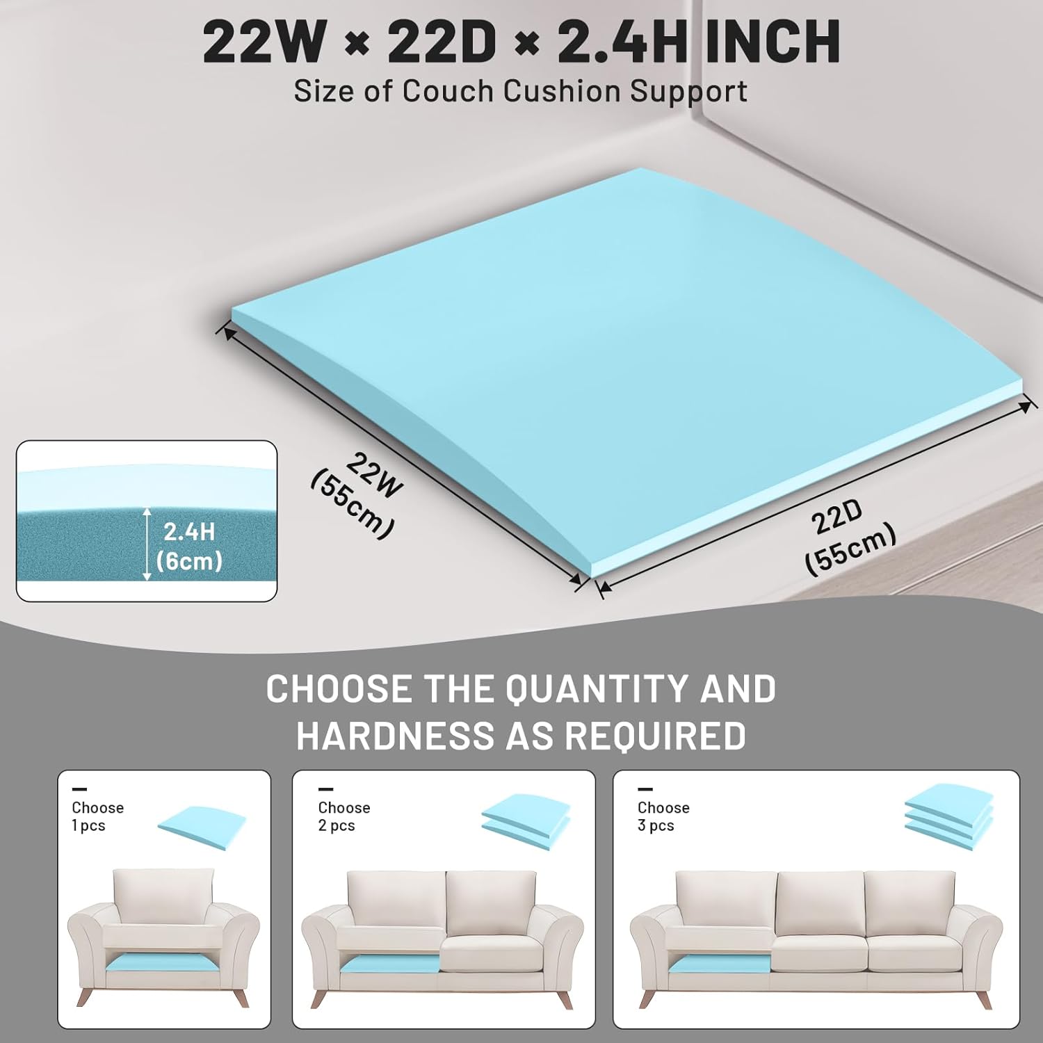 Couch Cushion Support, Sofa Cushion Support for Sagging Couch Seat, 22x22x2.4in, Couch Replacement Insert, High Density Foam Furniture Seat Sagging Repair, Trapezoid 40D, Blue Set of 3