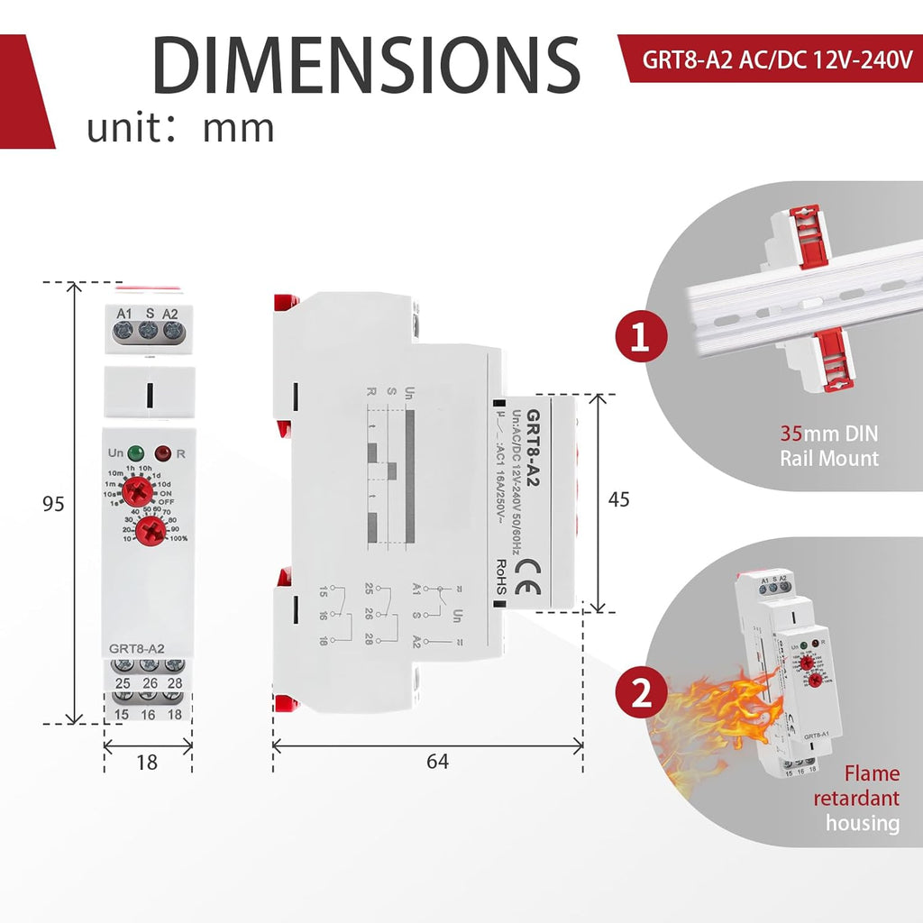 Delay ON Time Relay 16A ON Delay Timer Relay GRT8 A2， DIN Rail Electronic Relays of Wide Time Delay Range for 0.1 Seconds to 10 Days Voltage Range AC DC 12V to 240V