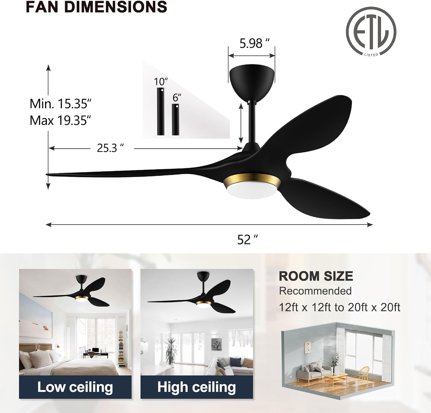 reiga 52 Inch Black Modern Ceiling Fans with Lights and Remote Control, Smart WiFi 3 Blades Quiet DC Motor for Living Room Bedroom Patio Garage, ETL Listed