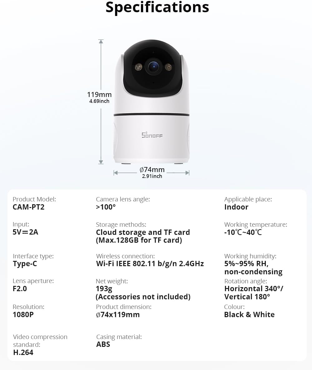 SONOFF Indoor Security Camera 1080P, CAM-PT2 Pan Tilt WiFi Camera with 360° View, Motion Tracking, Color Night Vision, 2-Way Audio, Privacy Mode, Compatible with Alexa & Google Home