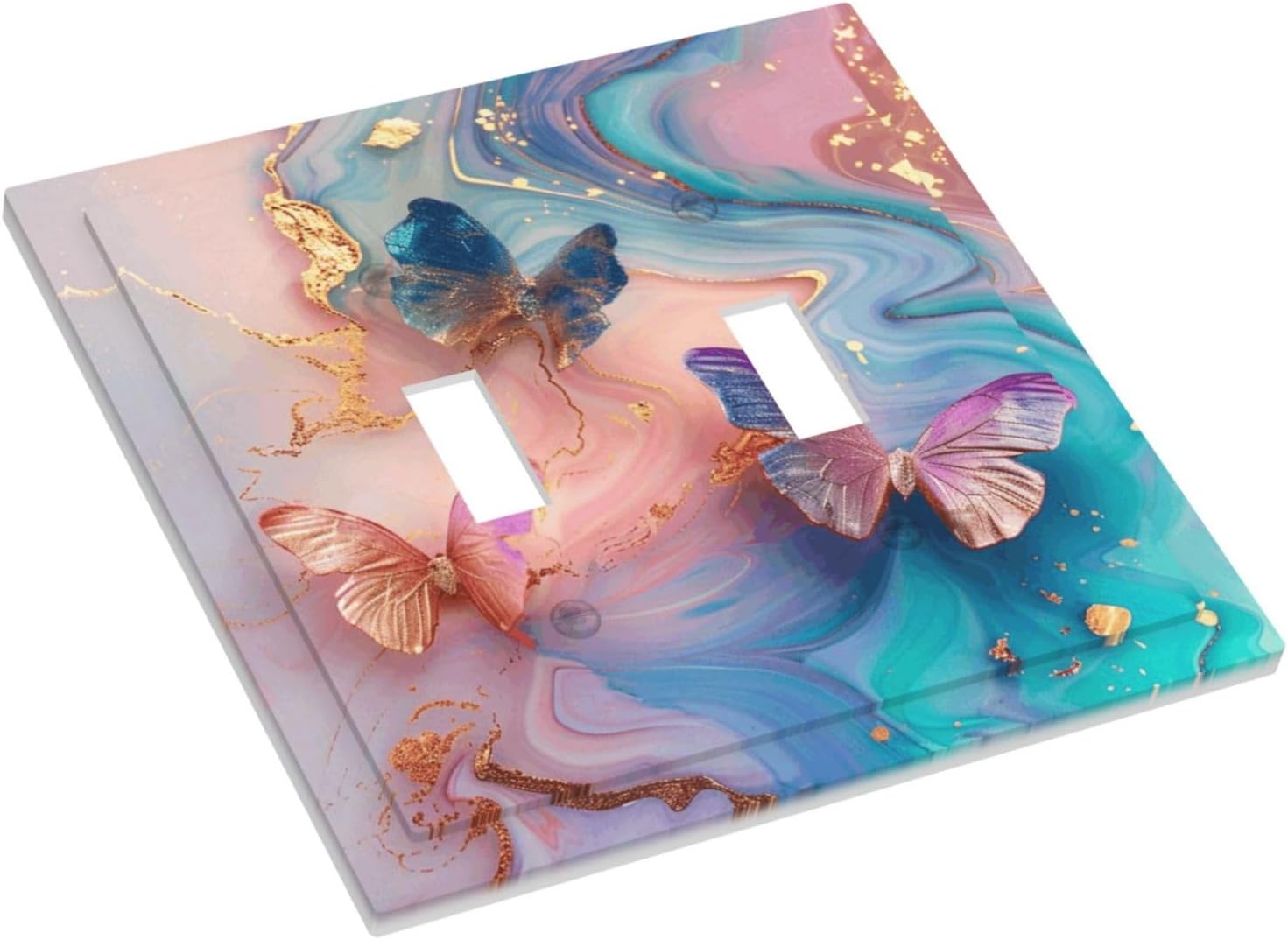 Colorful Marble Butterfly Gold Glitter Abstract Print Decorative Switch Plates 2 Gang Double Toggle Outlet Light Switch Cover Wall Plate Electrical Faceplate for Bed Room Living Room Decor
