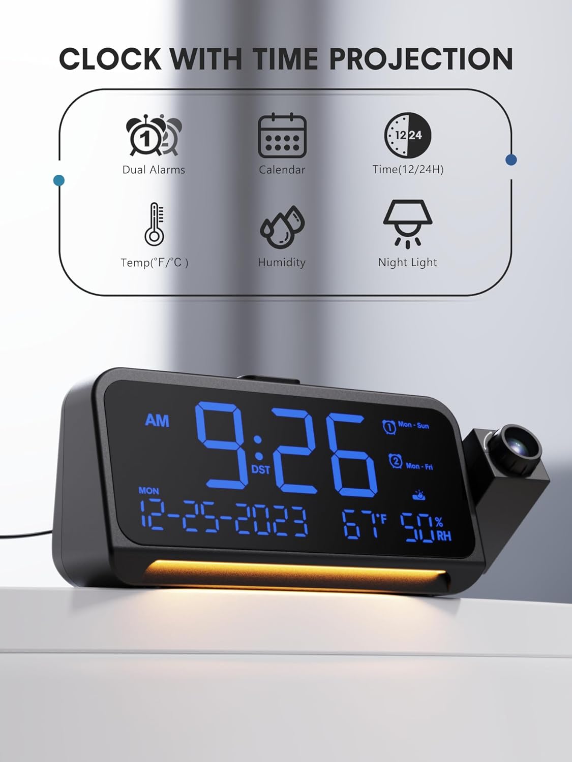 Mesqool Projection Alarm Clock for Bedroom Ceiling, Digital Clock Projector with Weekday/Weekend Mode, Date, Temperature, Humidity, Type-C USB Charger, Snooze, Dual Alarms, Dimmer,12/24H