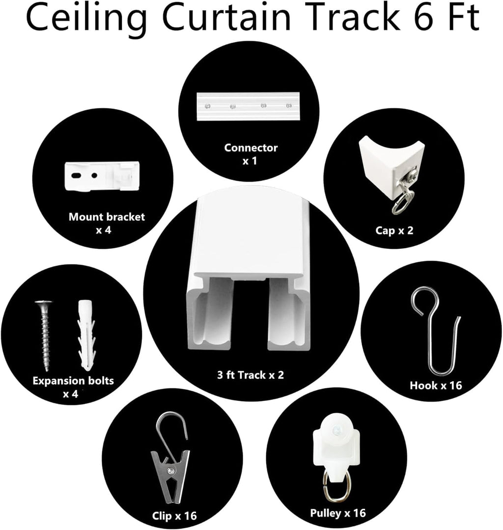 Ceiling Mount Curtains Track Room Divider Privacy Partition Separator Curtain Tracks Rods Heavy Duty RV Shower Outdoor Rail Clip Hook Set, White 3-6ft