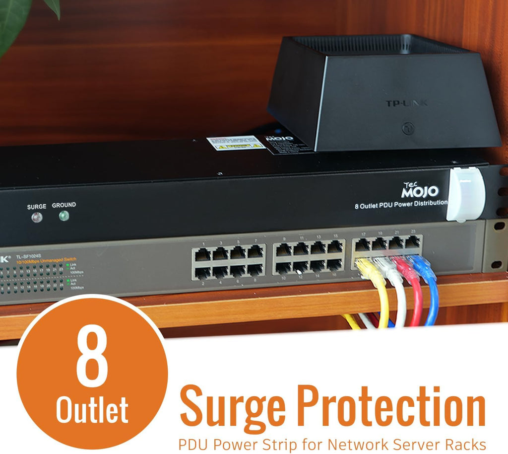 Tecmojo 1U Rack-Mount Horizontal 8-Outlet Power Strip UL Listed PDU with Surge Protection 6ft Cord Power Distribution for IT and Network Server Racks
