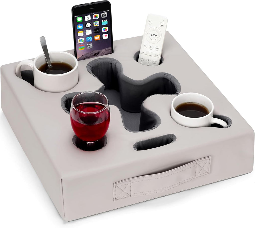 Couch Cup Holder Pillow-Sofa Cup Holder for Bed, Rv, Tv, Car, Man Cave, Backseat | Remote, Drinks, Snacks Tray Caddy Cupholder (PULightGrey)