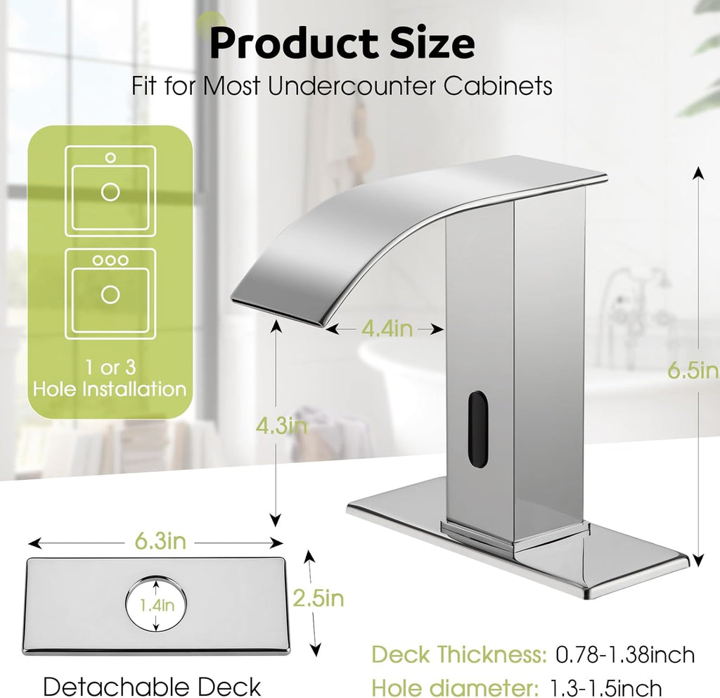 Automatic Motion Sensor Faucet with Waterfall Spout,Stainless Steel Sink Faucet with Hole Cover Plate (Regular, Chrome)