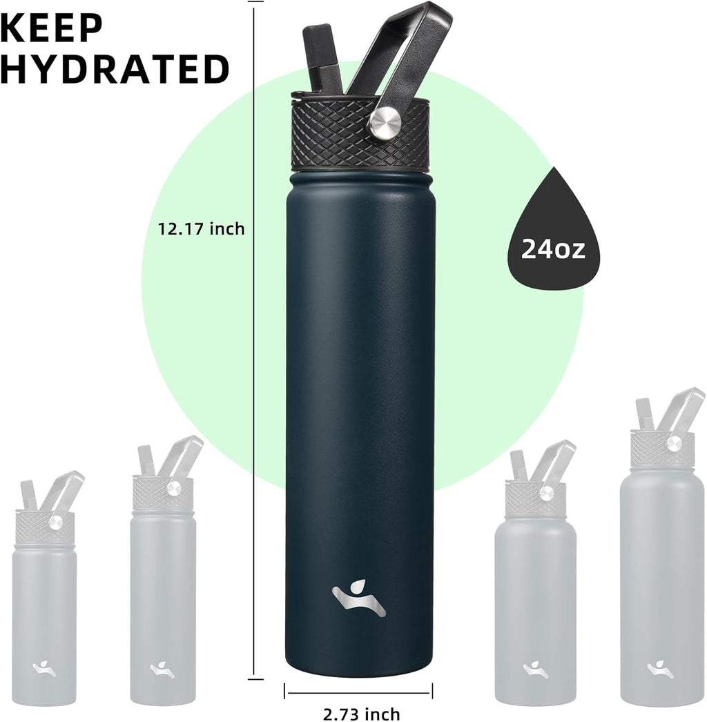 Insulated Water Bottle 24oz Stainless Steel Sport Bottles with 3 Lids,Navy Blue