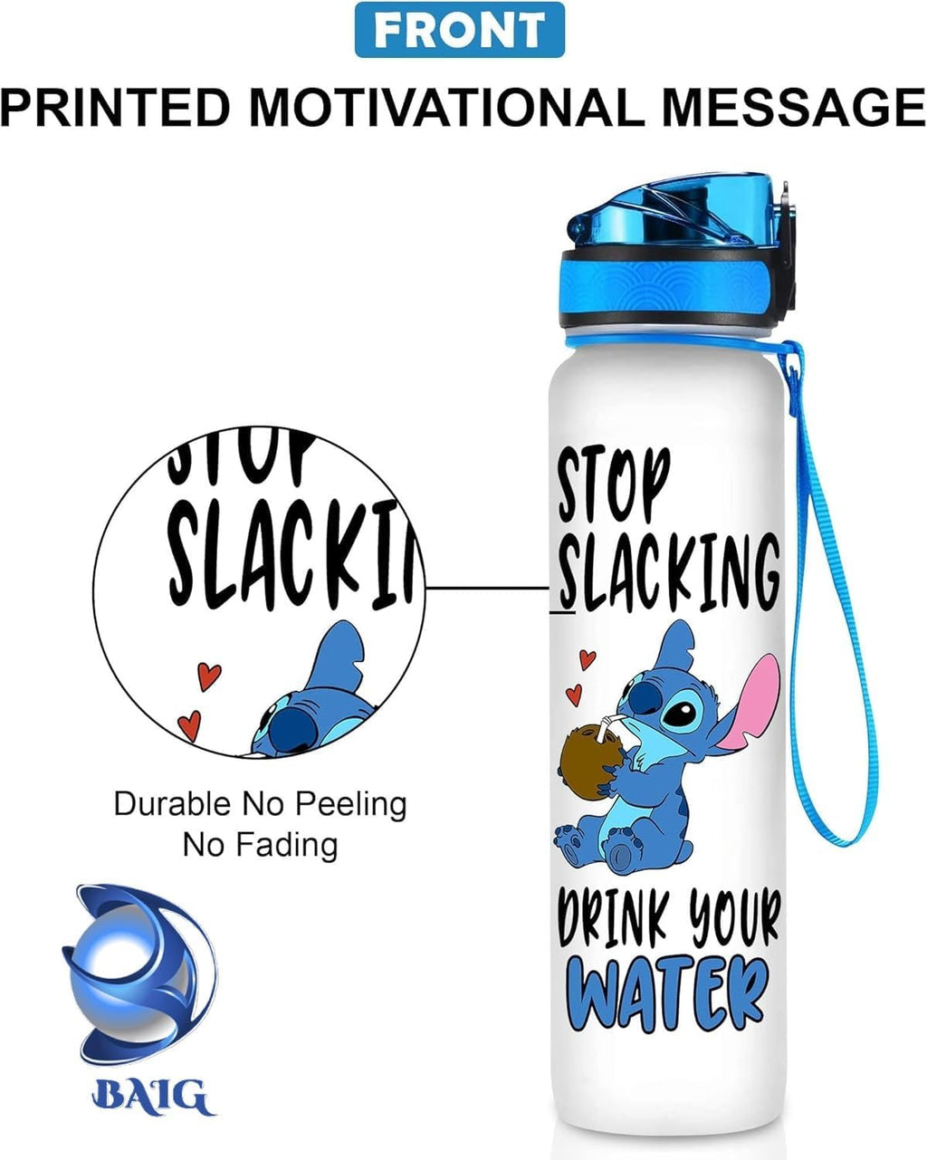 BAIG Blue Alien 32 Oz Water Track Bottle, Stop Slacking Drink Your Water Water Bottle With Time Marker, Alien Motivational Insulated Water Bottle, Gifts For Cute Alien Lovers