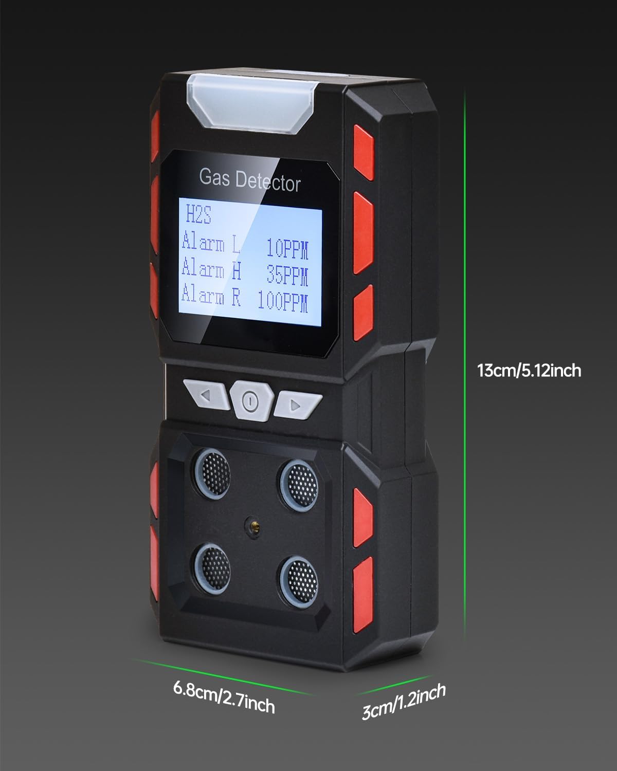 4 Gas Monitor, Gas Detector for H2S, CO, LEL and O2, Factory Calibrated Multi Gas Meter with Vibration, Visual and Audible Alarms, Over 10H Battery Life, Fast Response, Gas Analyzer for Work, Home