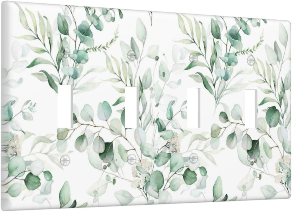 Boho Green Eucalyptus Leaf Floral Plants Flowers Light Switch Covers Quad Toggle Electrical Faceplate 4 Gang Wall Plate Decorative Switch Plates for Bed Room Living Room Decor