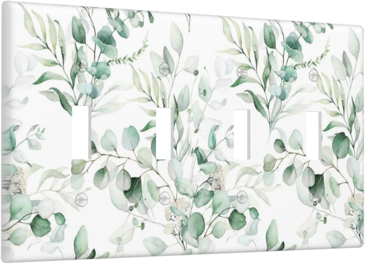 Boho Green Eucalyptus Leaf Floral Plants Flowers Light Switch Covers Quad Toggle Electrical Faceplate 4 Gang Wall Plate Decorative Switch Plates for Bed Room Living Room Decor