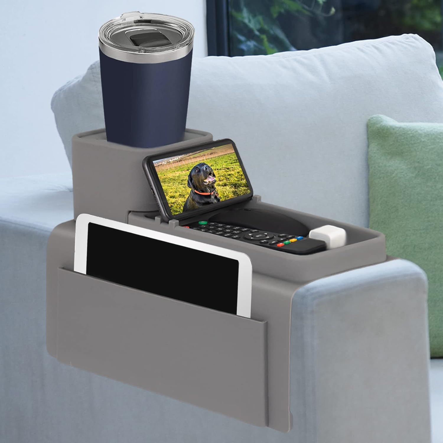 Silicone Couch Cup Holder, VIENFUT Anti-Spill and Anti-Slip Sofa Armrest Tray, Dirt-Resistant Silicone Couch Arm Tray for Remote, Snacks, Cellphone and iPad, Gift for Family, Friend (Gray)