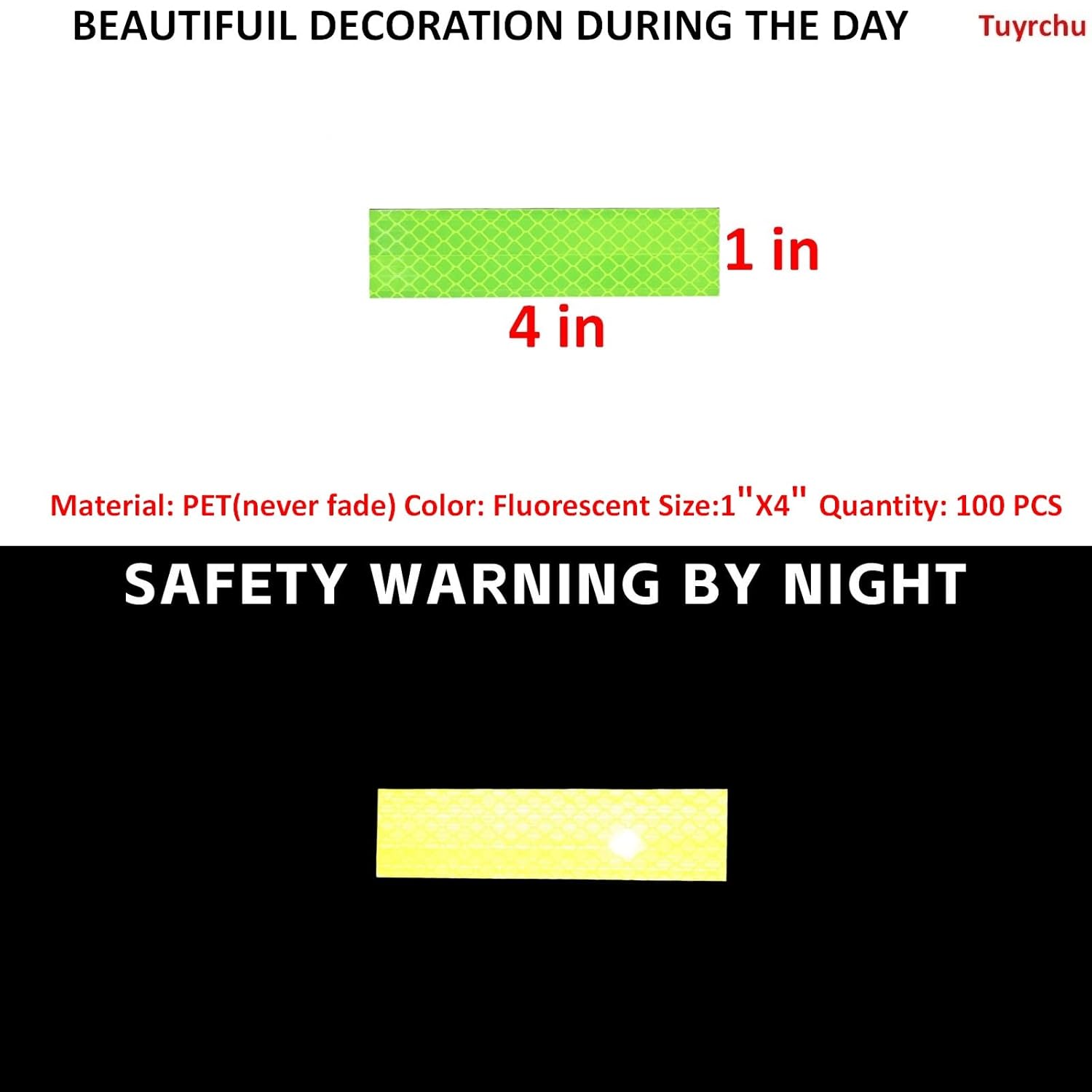 Non Fading Fluorescent Yellow Reflective Stickers 1 inch X 4 inch, Outdoor Waterproof High Visibility Safety Adhesive Reflector (100 Pcs)