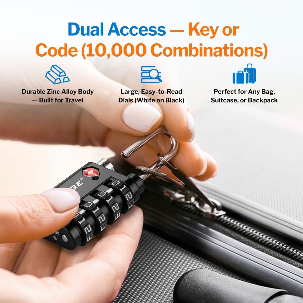 Forge Dual-Opening: Key or Combination Lock, TSA Approved Lock for Luggage, Pelican case, Travel, Gym, School, Luggage Combination Lock, Travel Bag Lock (Black 6 Pk)