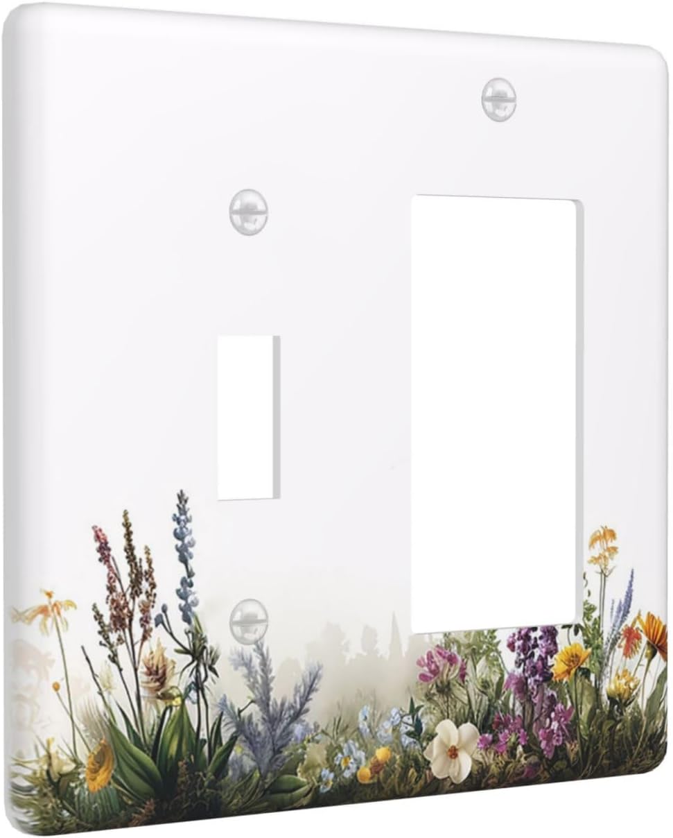 Outlet Covers White Background Colorful Flowers Plants Green Leaves 1 Toggle 1 Rocker Combo Light Switch Cover Plate Decorative Switch Plate Covers Electrical Wall Plate for Bedroom Home Decor