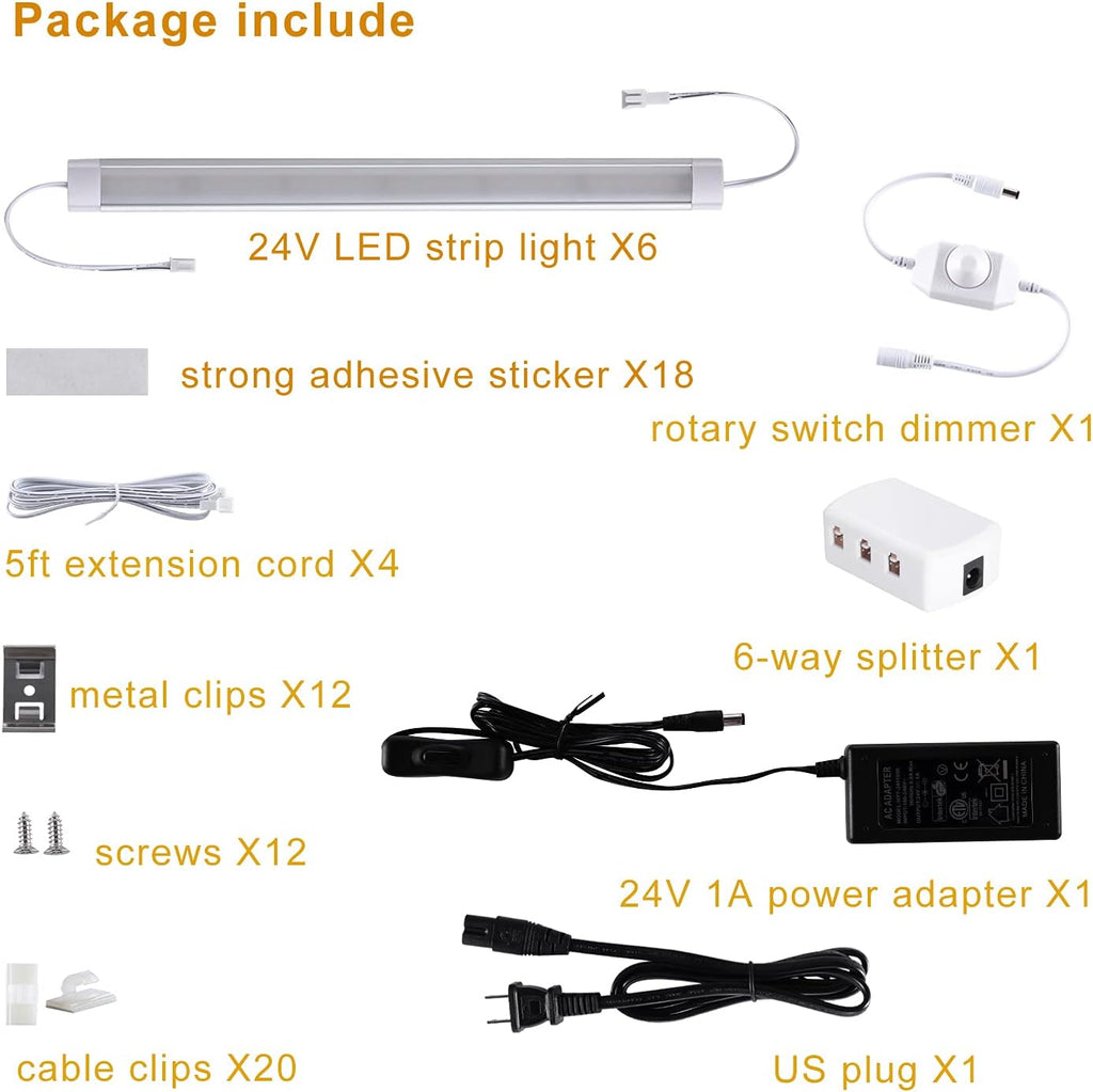 LABOREDUCER Under Cabinet Lighting Plug in Cold White 6000K, 6 Pack 11inch LED Under Cabinet Lights Wired Hardwired Linkable Dimmable with Power Adapter, 24V Under Counter Lights for Kitchen Shelf