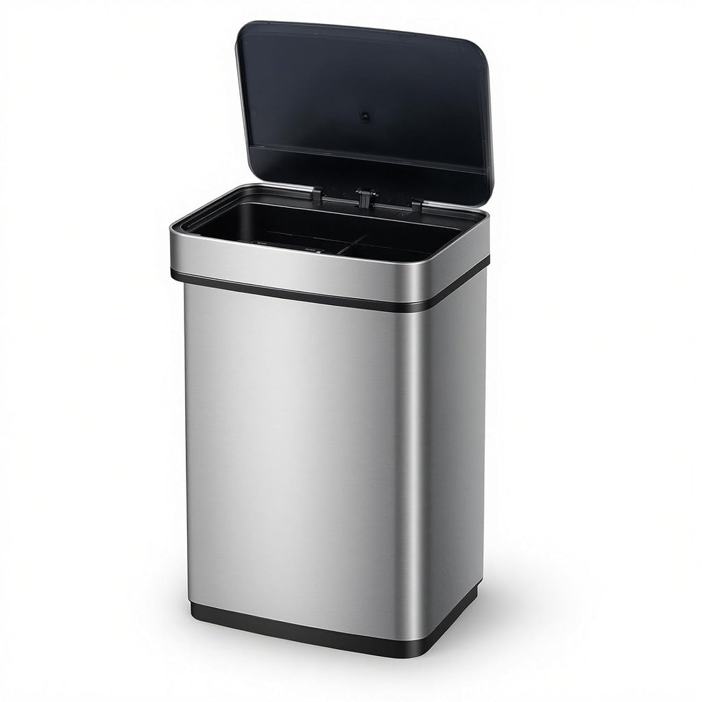 Goplus 16 Gal Automatic Trash Can, Stainless Steel Motion Sensor Trash Can with 2 Compartments, Quick Response & Soft Close Lid, Touchless Compact Garbage Bin for Kitchen, Bedroom, Bathroom and Office
