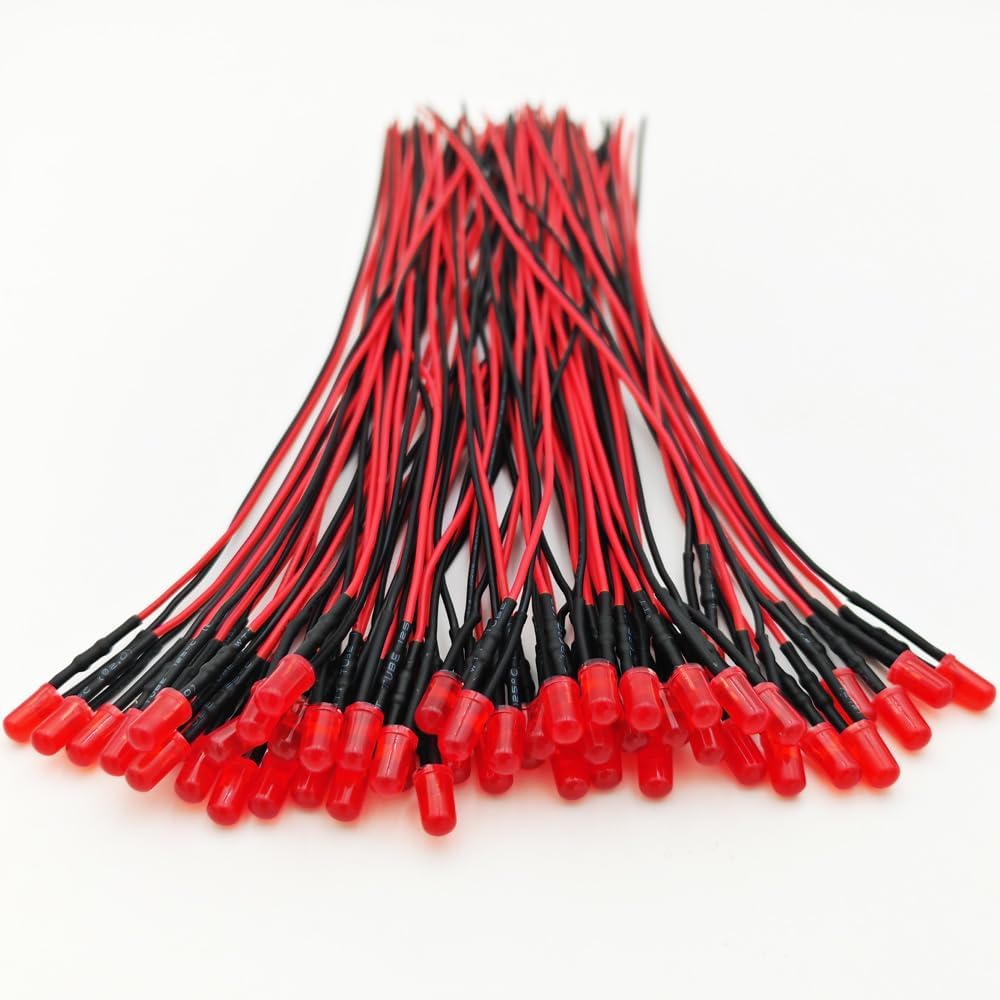 50pcs 3V-4.5V-5V-6V-7.5V-9V-12VDC 5mm Red LED Lights Emitting Diodes, 12VDC Prewired 7.9 Inch V LED Light Diffused Colored Lens Small LED