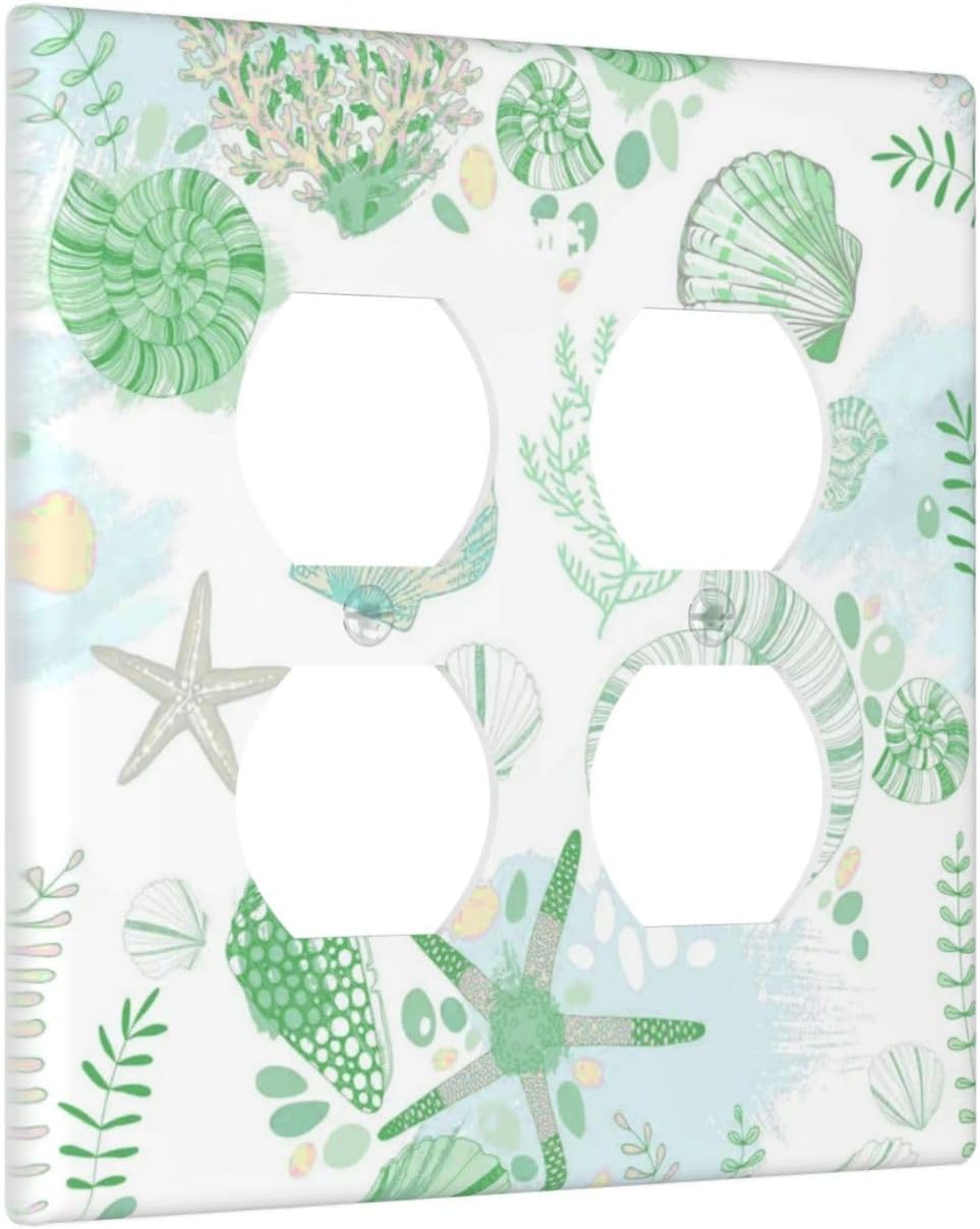 Beach Nautical Starfish Scallop Coral Conch Outlet Covers 2 Gang Double Duplex Decorative Light Switch Covers Electrical Wallplates Socket Faceplate for Bathroom Home Decor