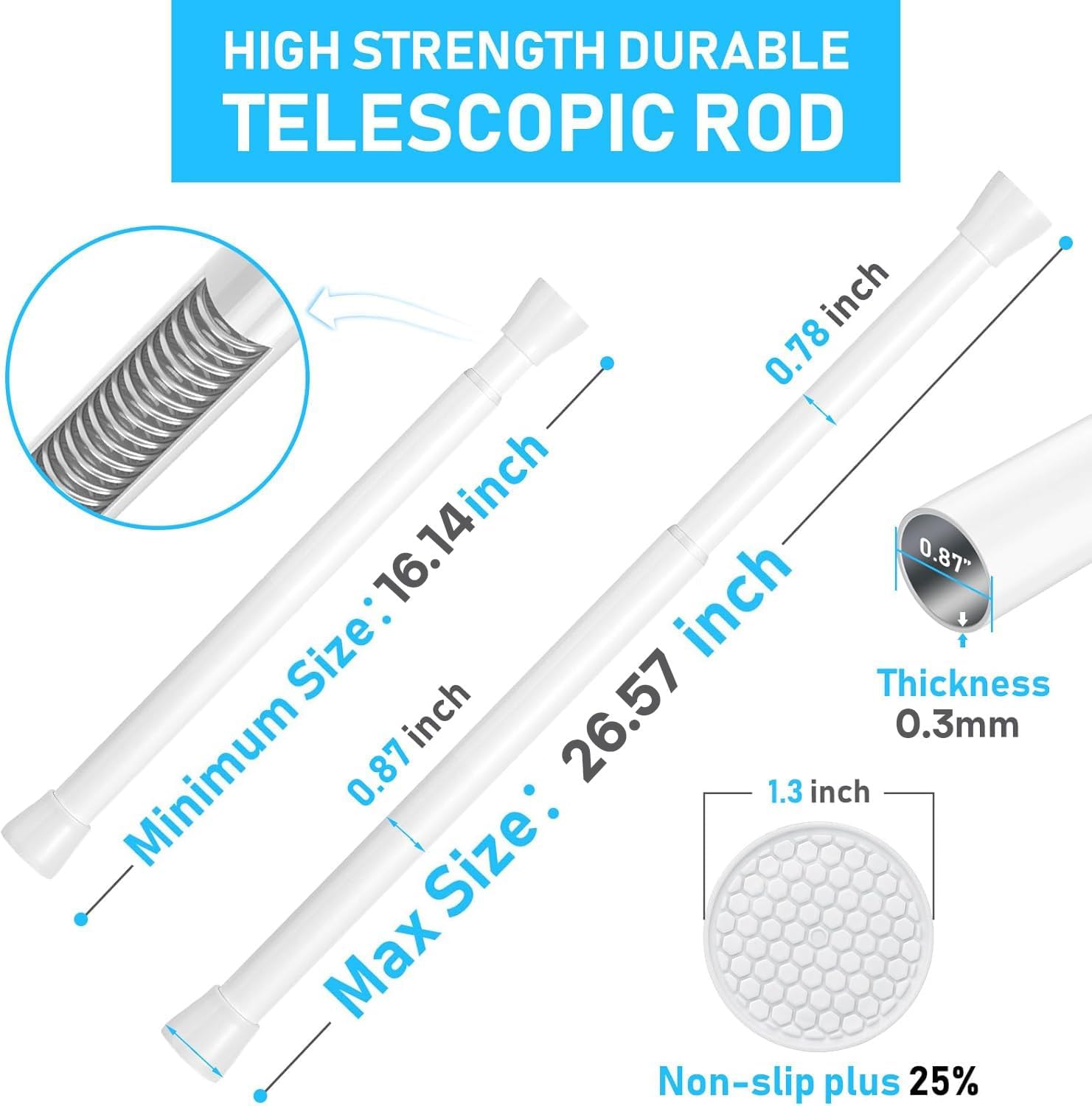 White Tension Rod 16 To 26 Inch Spring Curtain Rod Adjustable Short Curtain Rod No Drilling Short Tension Rod Extendable Small Spring Tension Rods For Closet Cupboard Bars Refrigerator
