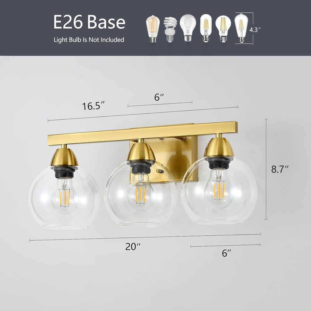 Bathroom Light Fixtures, 3-Light Brushed Gold Vanity Light with Hand-Blown Thick Glass Shades, High-End Clarity & Durability, Wall Sconce for Mirror, Bedroom, Hallway