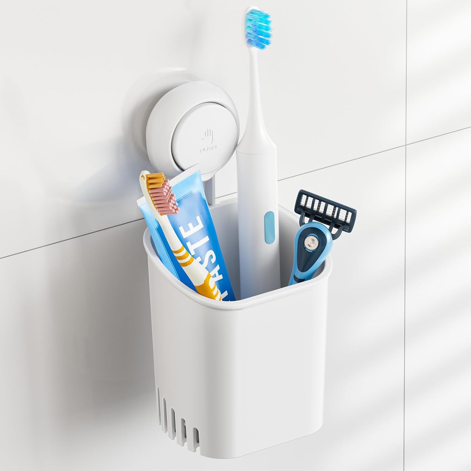TAILI Suction Toothbrush Holder for Shower Wall, No Nail, No Glue, No Tool! Self-draining Shower Cup for Razor, Toothpaste, Kitchen Tableware, Strong Suction Cup Toothbrush Holders for Bathroom, White