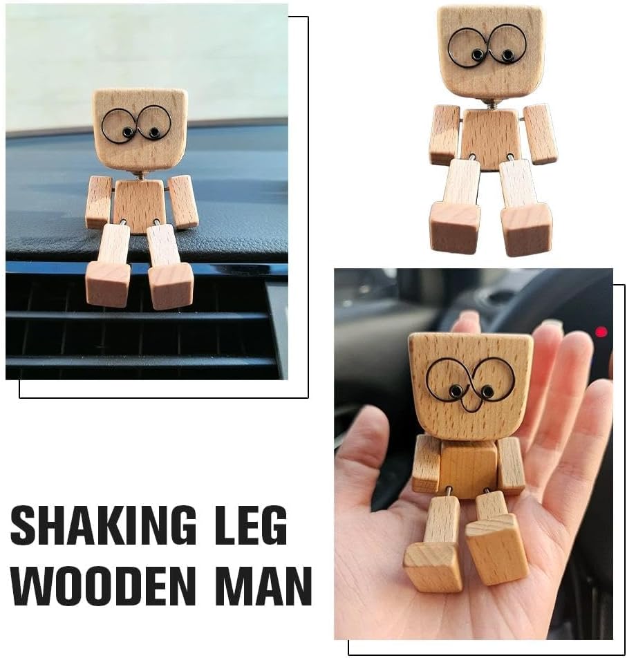 Shaking Wooden Man Figurine - 12 Magnetic Changeable Faces, Handmade Shaking Feet Wooden Doll for Car Dashboard Decorations, Funny & Creative Desktop Office Desk Decor (White 2pcs)
