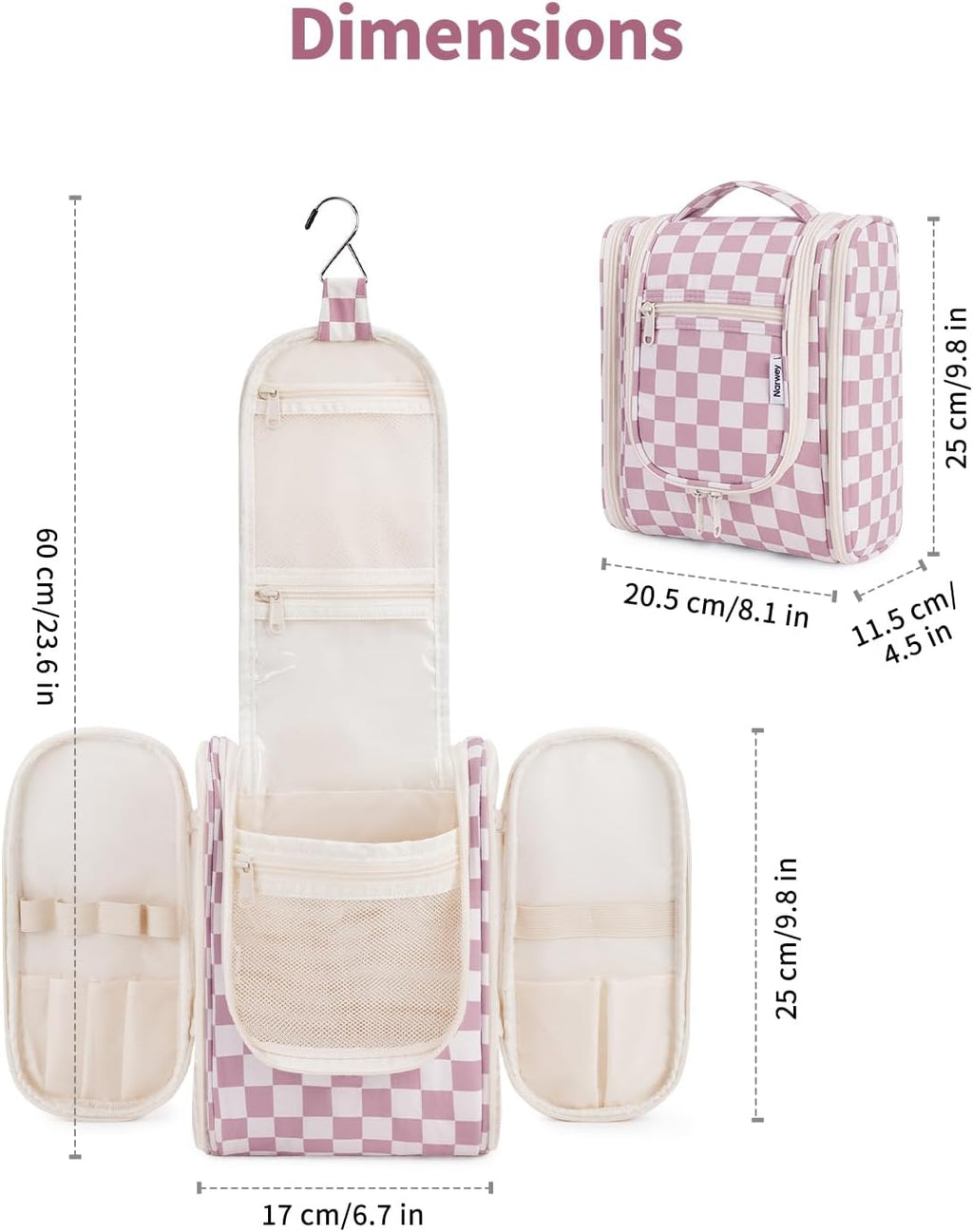 Narwey Small Checkered Hanging Travel Toiletry Bag for Women, Travel Bag for Toiletries, Makeup Bag Organizer Cosmetic Bags Make Up Bags for Women (Dusty Rose Checkerboard)