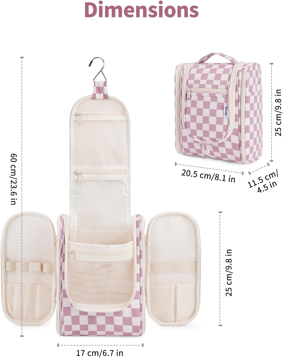 Narwey Small Checkered Hanging Travel Toiletry Bag for Women, Travel Bag for Toiletries, Makeup Bag Organizer Cosmetic Bags Make Up Bags for Women (Dusty Rose Checkerboard)