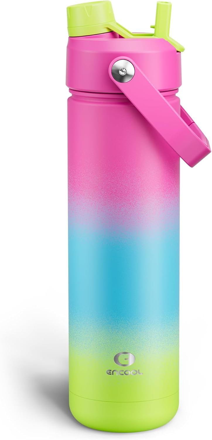 ENCOOL Insulated Water Bottle with Straw Stainless Steel Water Bottle, Leak-Proof, BPA-Free, Double Wall Vacuum Keeps Cold for 24 Hours for Sports, Travel, School (26 oz, Lime Sorbet)